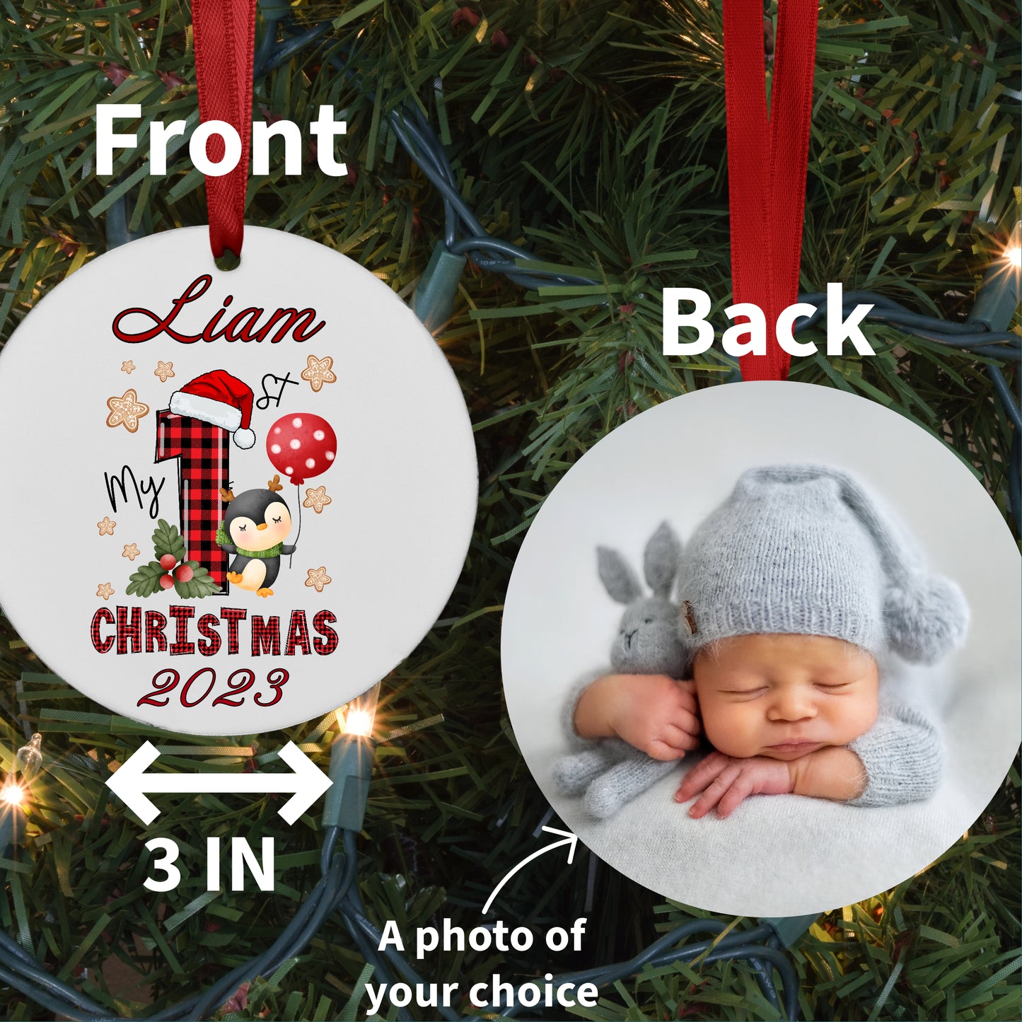 Personalized Baby's First Penguin Christmas Photo Ornament