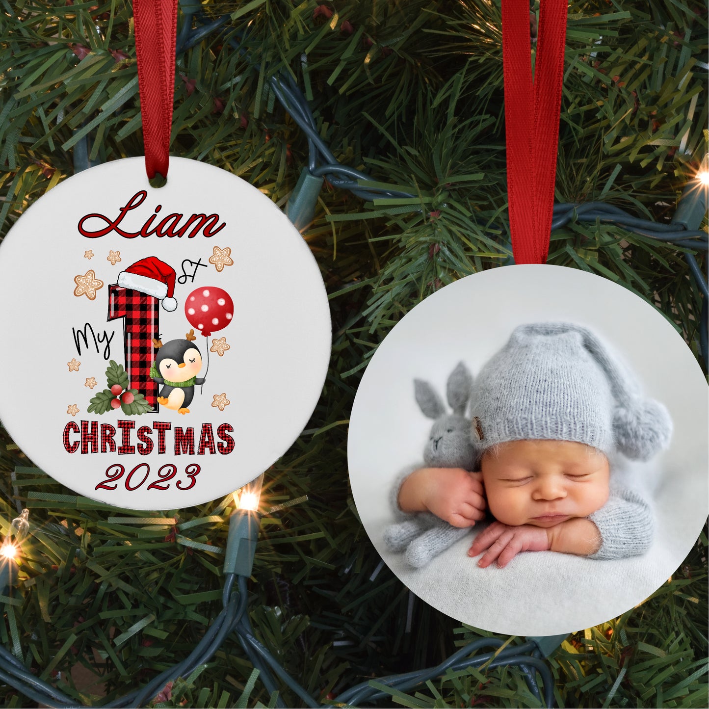 Personalized Baby's First Penguin Christmas Photo Ornament