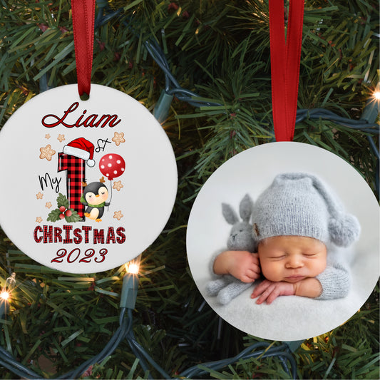 Personalized Baby's First Penguin Christmas Photo Ornament