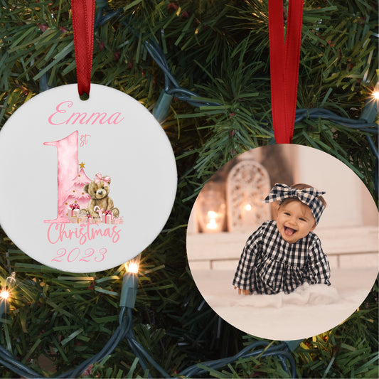 Personalized Baby's First Christmas Photo Ornament Pink Bear Design