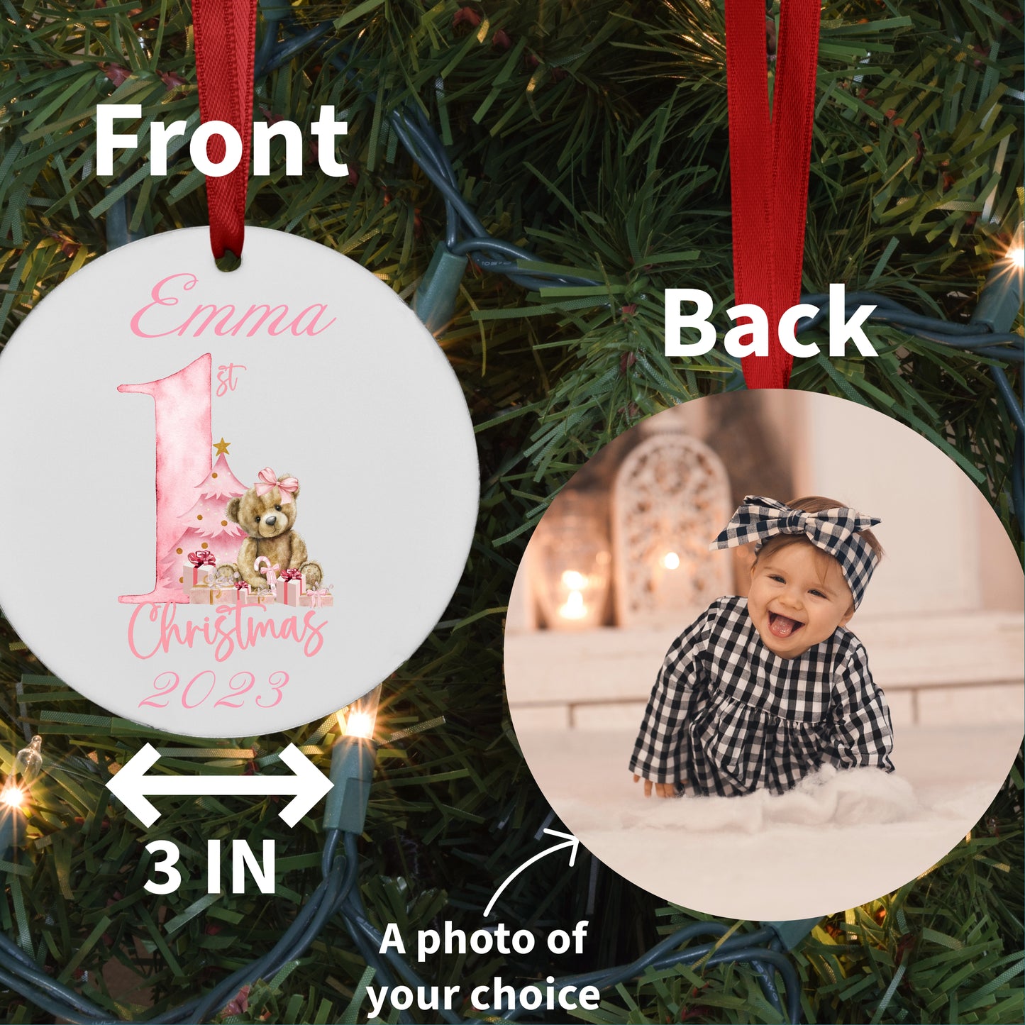 Personalized Baby's First Christmas Photo Ornament Pink Bear Design