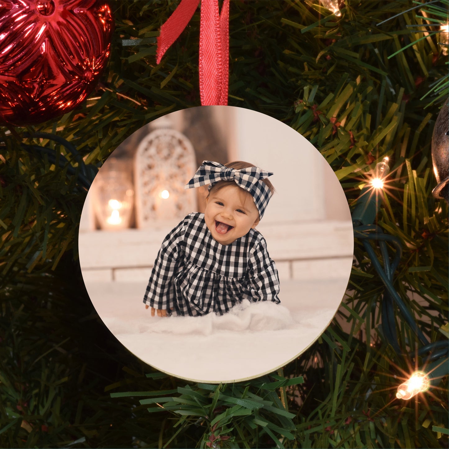 Personalized Baby's First Christmas Photo Ornament Pink Bear Design