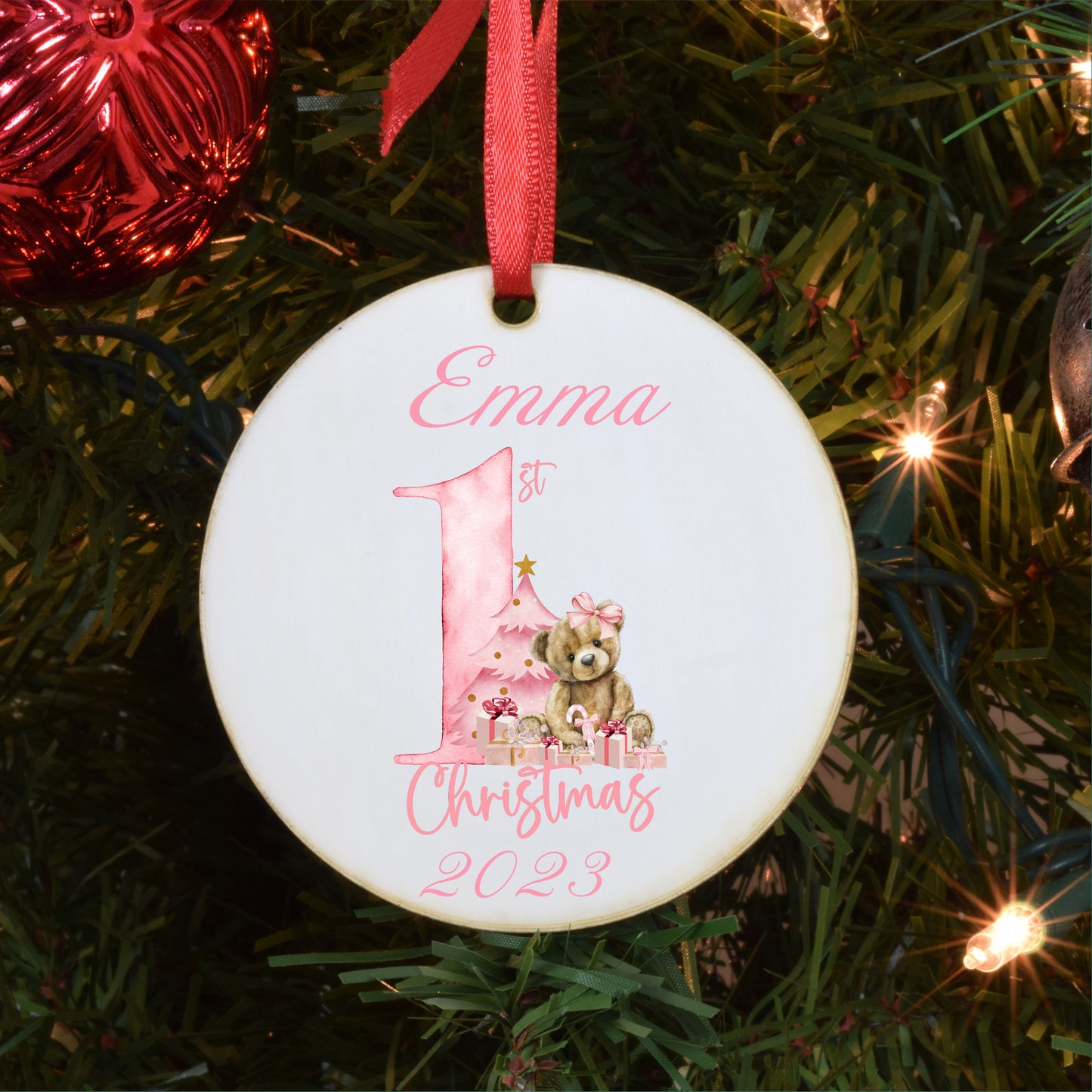 Personalized Baby's First Christmas Photo Ornament Pink Bear Design