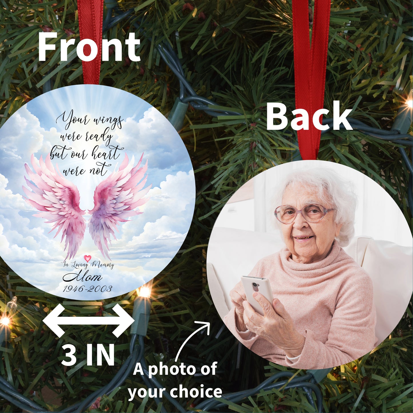 Personalized Pink Wings Memorial Photo Ornament