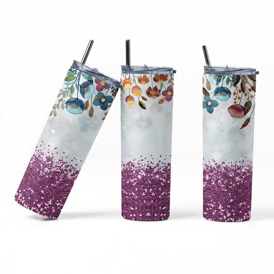 Purple Glitter Floral Tumbler