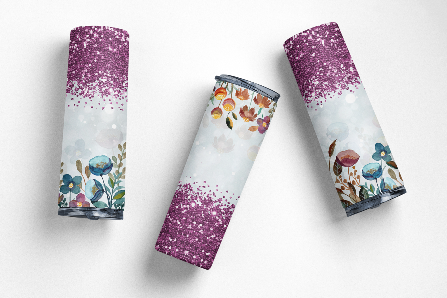 Purple Glitter Floral Tumbler