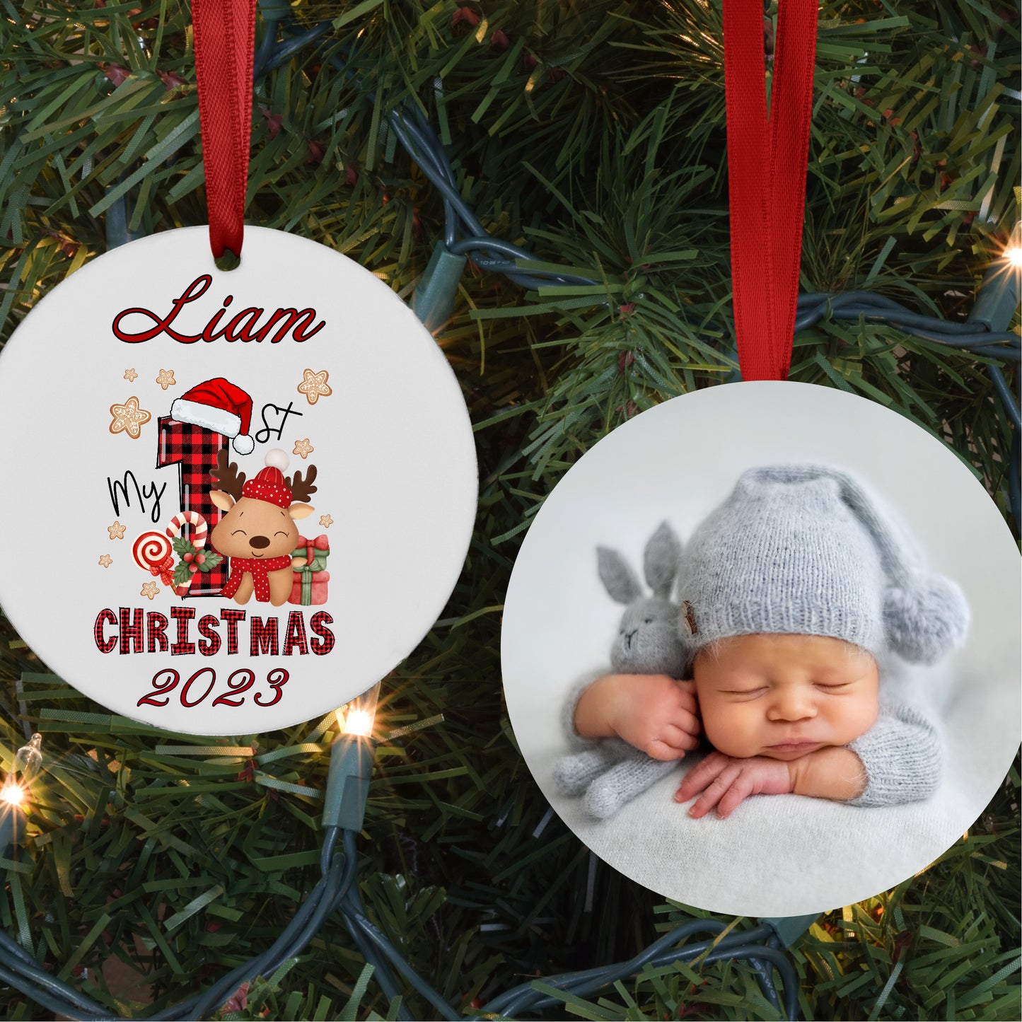 Personalized Reindeer Baby's First Christmas Photo Ornament