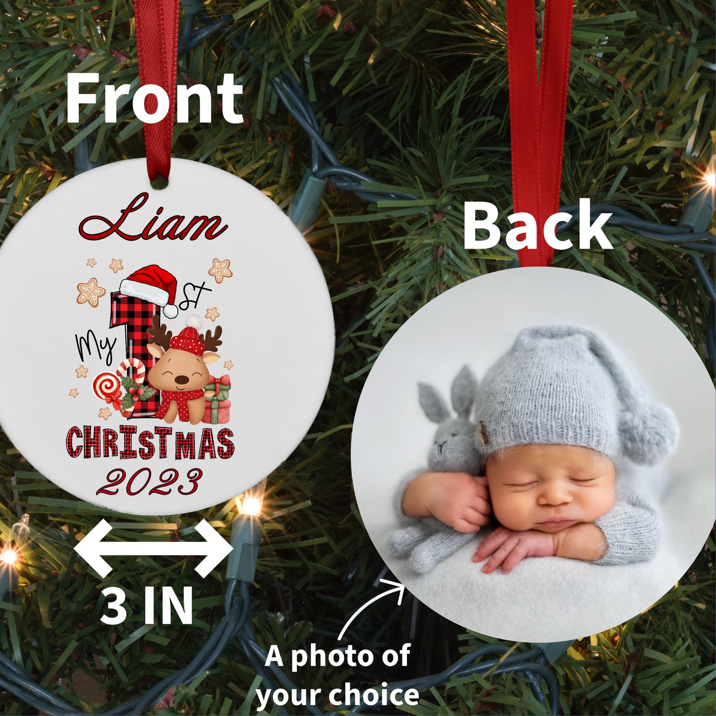 Personalized Reindeer Baby's First Christmas Photo Ornament