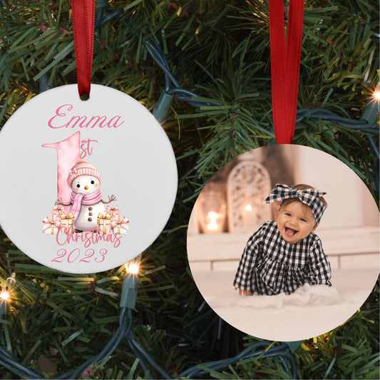 Personalized Baby's First Christmas Photo Ornament Pink Snowmen