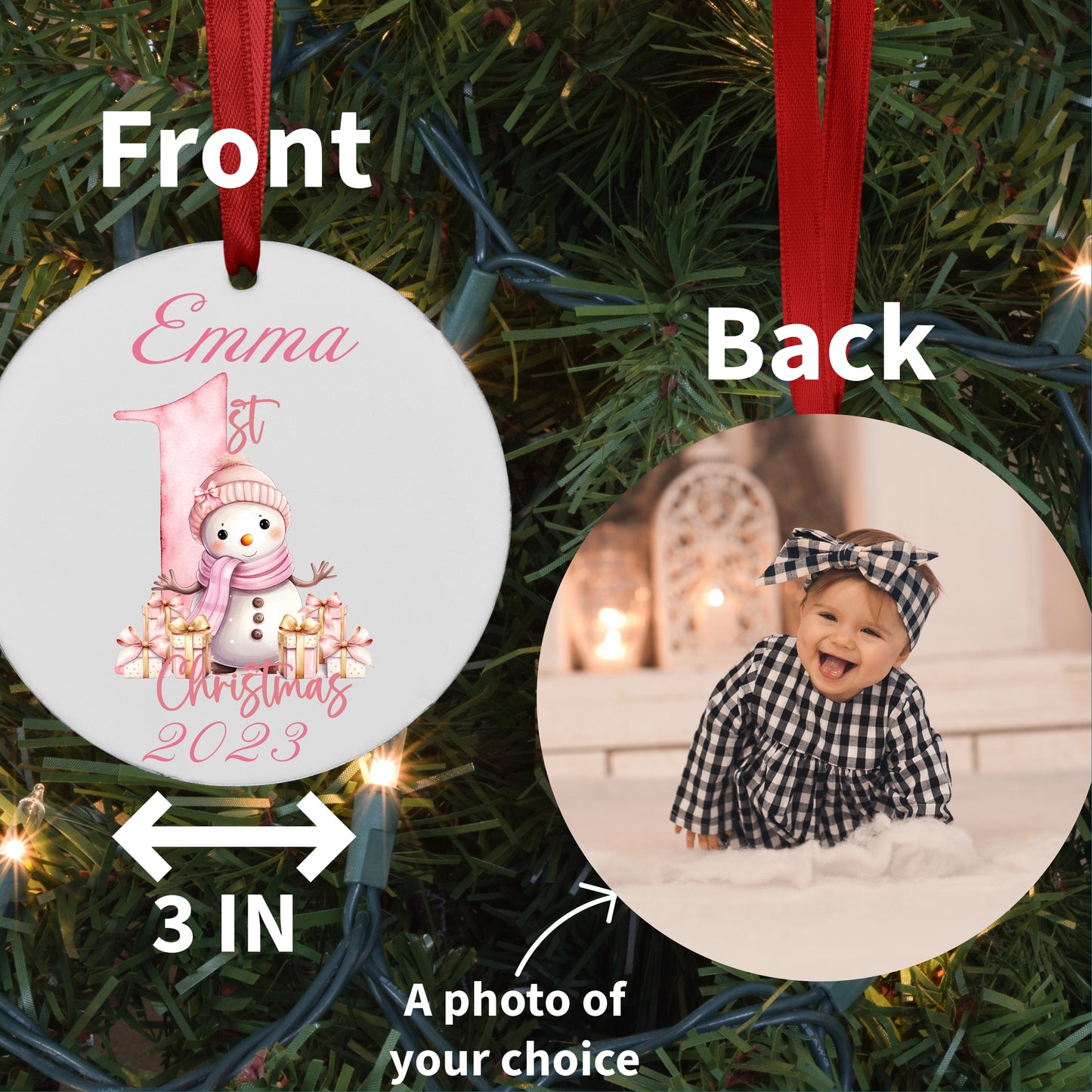 Personalized Baby's First Christmas Photo Ornament Pink Snowmen