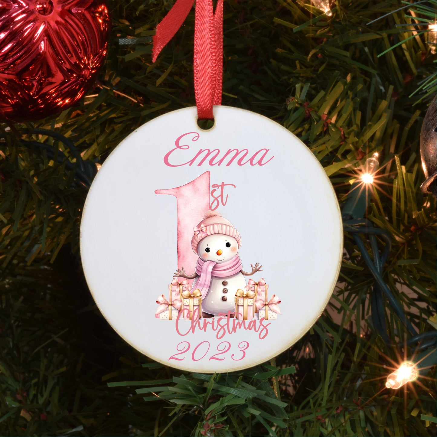 Personalized Baby's First Christmas Photo Ornament Pink Snowmen